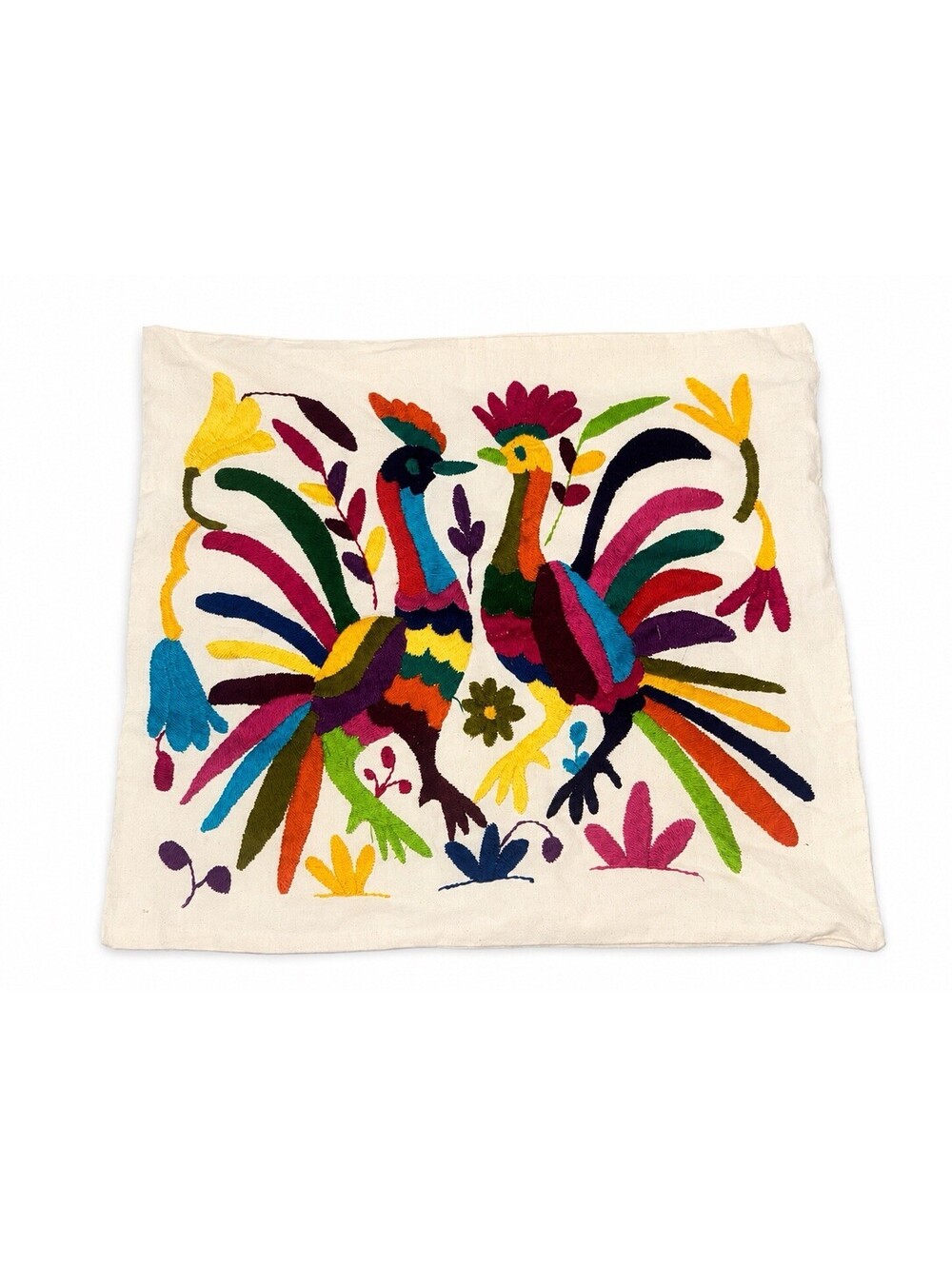 Mexican Otomi Style Embroidered Bird Pillow Cover 18x16 Multicolor